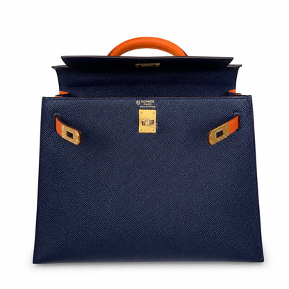 Custom order💕kelly25 sapphire blue with classic orange epsom frosted gold buckle handmade