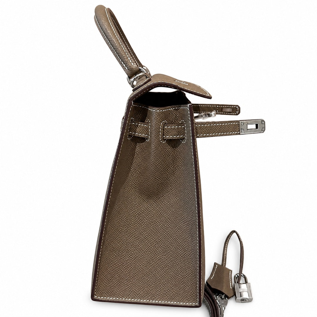 kelly25cm, ck18/Etoupe, Epsom, sliver, all handmade‼ ️Kelly 25cm, elephant gray, palm print, silver buckle, high-end handmade exclusive customization‼ ️Purely hand-made nails, hand-engraved hardware,