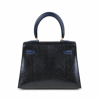 Kelly big ears, black with sapphire blue, original lizard leather, 20cm, completely handmade inside and outside, original hardware, shoulder strap❤️