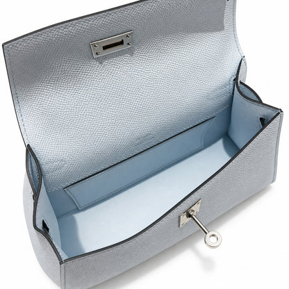 mini kelly 1, T0/Bleu Brume, Epsom, sliver, 22cm, all handmade‼ ️Mini Kelly Generation, haze blue, palm print leather, silver buckle, 22cm, high-end handmade exclusive customization‼ ️Purely hand-made
