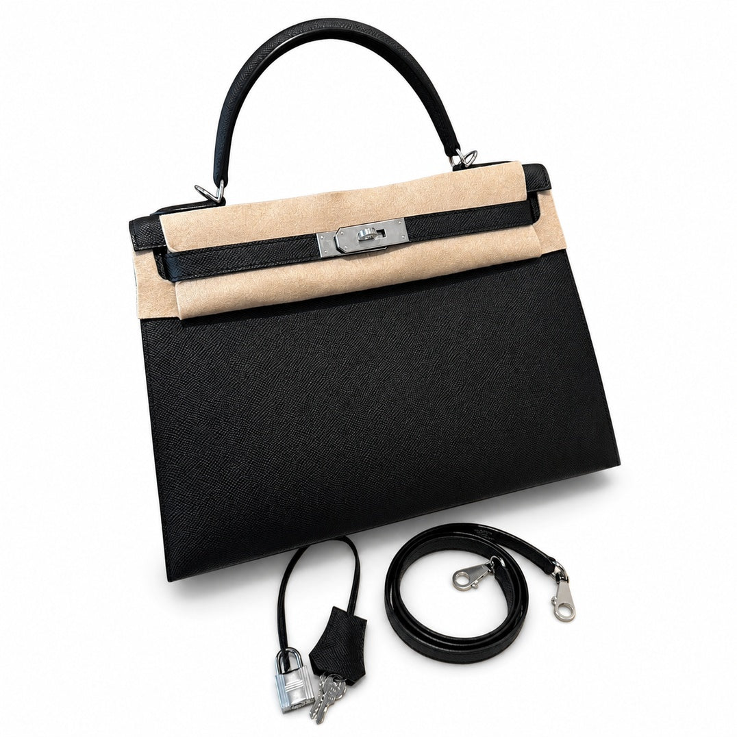 kelly32cm, ck89/Black, Epsom, sliver, all handmade‼ ️Kelly 32cm, black, palm print, silver buckle, high-end handmade exclusive customization‼ ️Purely hand-made nails, hand-engraved hardware, fine stee