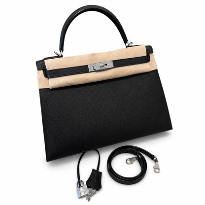 kelly32cm, ck89/Black, Epsom, sliver, all handmade‼ ️Kelly 32cm, black, palm print, silver buckle, high-end handmade exclusive customization‼ ️Purely hand-made nails, hand-engraved hardware, fine stee