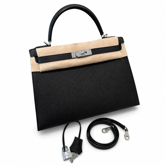 kelly32cm, ck89/Black, Epsom, sliver, all handmade‼ ️Kelly 32cm, black, palm print, silver buckle, high-end handmade exclusive customization‼ ️Purely hand-made nails, hand-engraved hardware, fine stee
