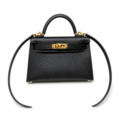 Style: mini kelly Color: ck89/Noir Size: 19*12*5.5cm Leather: epsom From France Hardware: gold Mini Kelly second generation, black, French imported cowhide, gold buckle, high-end fully handmade exclus