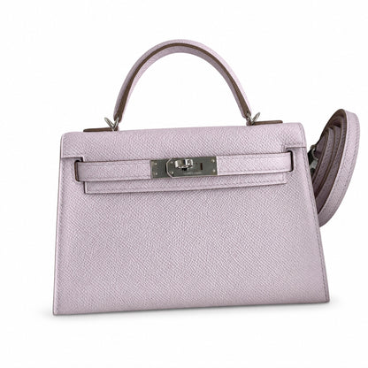 Ready stock: Fully hand-stitched 👉Second generation Mini Kelly 19cm imported Epsom leather dreamy pink and purple silver buckle