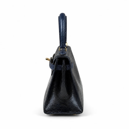 Kelly big ears, black with sapphire blue, original lizard leather, 20cm, completely handmade inside and outside, original hardware, shoulder strap❤️