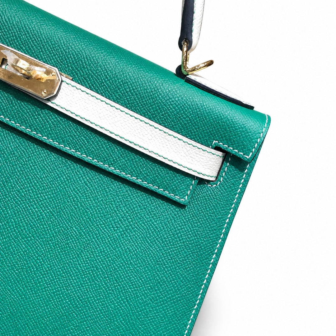 Kelly 28cm Epsom leather U4 Vert Vertigo velvet green with 10 Craie milkshake white top handcraft! Counter quality!