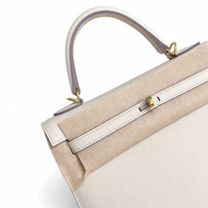 Milkshake white, gold buckle and silver buckle, Kelly 25, imported Epsom