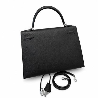 kelly32cm, ck89/Black, Epsom, sliver, all handmade‼ ️Kelly 32cm, black, palm print, silver buckle, high-end handmade exclusive customization‼ ️Purely hand-made nails, hand-engraved hardware, fine stee