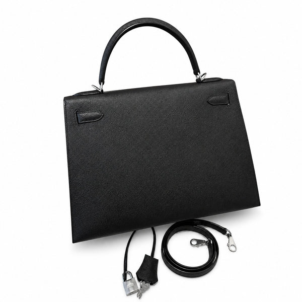 kelly32cm, ck89/Black, Epsom, sliver, all handmade‼ ️Kelly 32cm, black, palm print, silver buckle, high-end handmade exclusive customization‼ ️Purely hand-made nails, hand-engraved hardware, fine stee