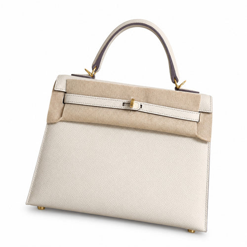 Milkshake white, gold buckle and silver buckle, Kelly 25, imported Epsom