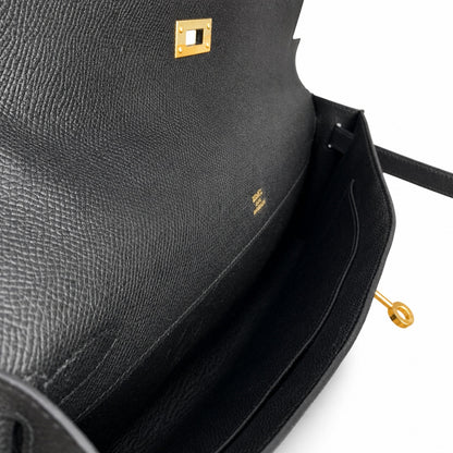 Kelly cut clutch evening bag epsom leather wax thread hand-stitched black gold buckle