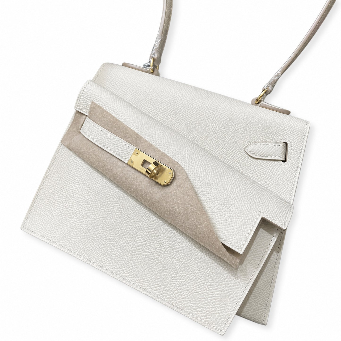Kelly Desordre 20cm Sellier double-sided Epsom original palm print leather ck10 milkshake white Craie gold buckle GHw top hand sewing