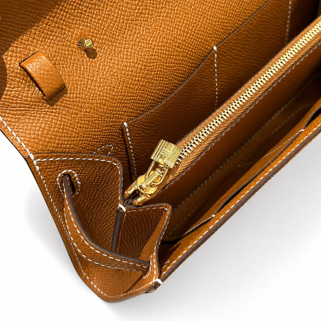 Style: Kelly to go Color: ck37/gold Size: 19*11.5*1.5cm Leather: epsom From France Hardware: gold Kelly crossbody bag, golden brown, cowhide, gold buckle, high-end handmade exclusive customization‼ ️P