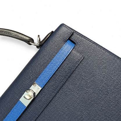 Kelly 25cm Epsom leather 2Z Blue Nuit midnight blue with 89 Noir black with 71 Bleu France French blue top handcraft! Counter quality!