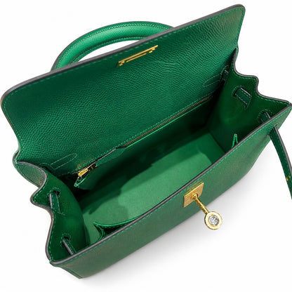 Kelly 25cm Epsom leather U4 Vert Veryigo velvet green top handmade! Counter quality!