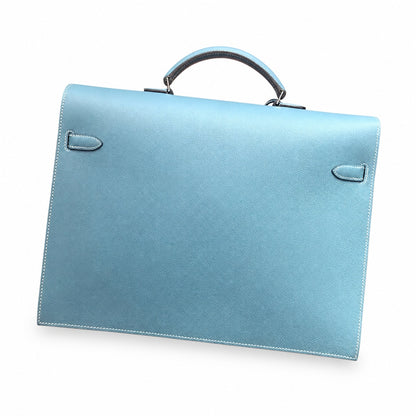 Kelly briefcase 38cm Epsom leather 75 Bleu Jean denim blue top handcraft! Counter quality!