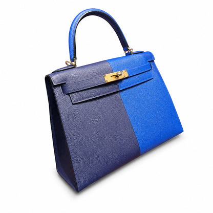 Kelly 28cm Epsom leather 73 Bleu Saphir sapphire blue combined with 71 Bleu France French blue top handcraft! Counter quality!