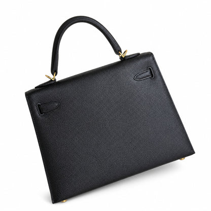 Black, gold and silver buckle, Kelly 25, imported Epsom