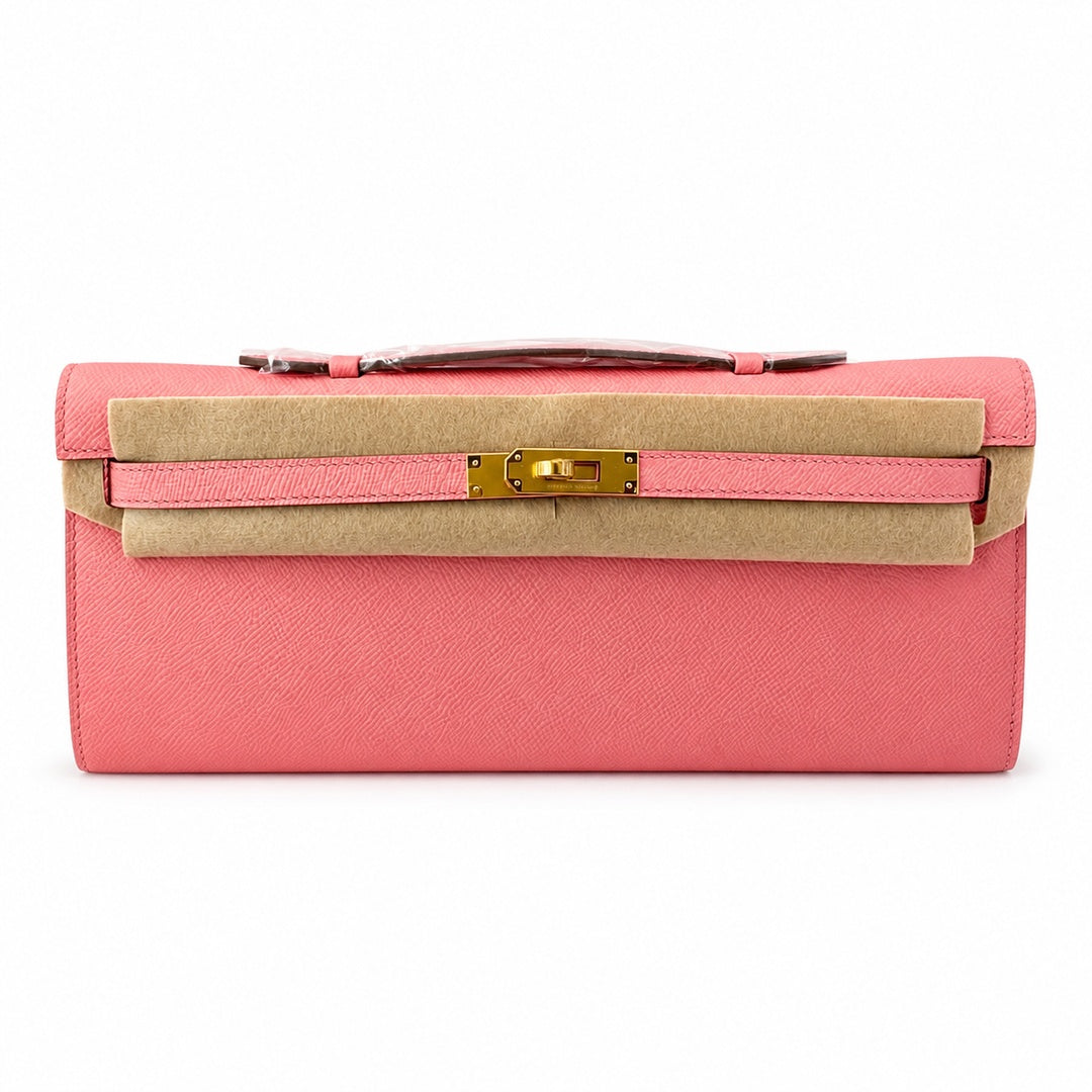 Kelly cut 31 clutch epsom milkshake powder gold buckle in stock