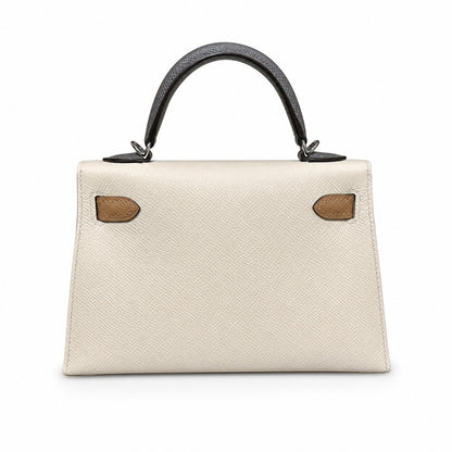 mini kelly 2, i2/Nata-0M/Chai-0L/Gris Meyer, Epsom, sliver, 19cm, all handmade‼ ️Mini Kelly II, cream white with striped milk tea color and cumulonimbus gray armband, palm print, silver buckle, 19cm,