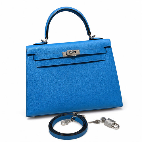 kelly25cm, OF/Blue fride, Epsom, sliver, all handmade‼ ️Kelly 25cm, Florida blue, palm print, silver buckle, high-end handmade exclusive customization‼ ️Purely hand-made nails, hand-engraved hardware,