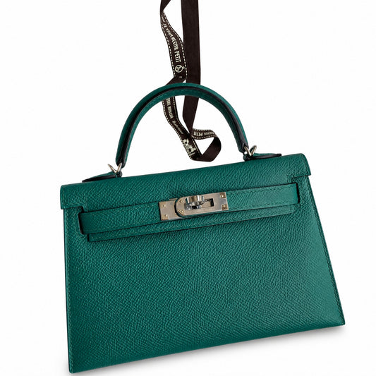 Fully hand-sewn👉Second generation Mini Kelly 19cm imported Epsom leather malachite green silver buckle