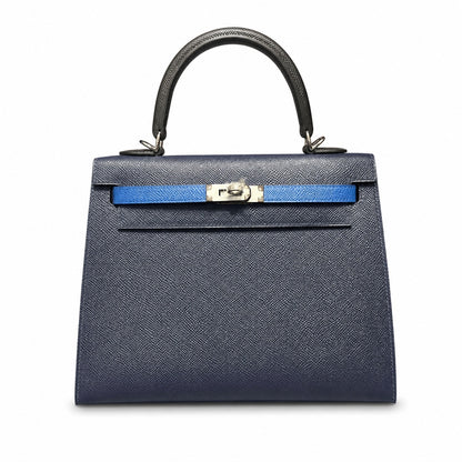 Kelly 25cm Epsom leather 2Z Blue Nuit midnight blue with 89 Noir black with 71 Bleu France French blue top handcraft! Counter quality!