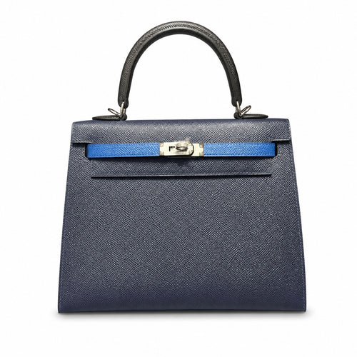 Kelly 25cm Epsom leather 2Z Blue Nuit midnight blue with 89 Noir black with 71 Bleu France French blue top handcraft! Counter quality!