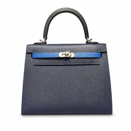 Kelly 25cm Epsom leather 2Z Blue Nuit midnight blue with 89 Noir black with 71 Bleu France French blue top handcraft! Counter quality!