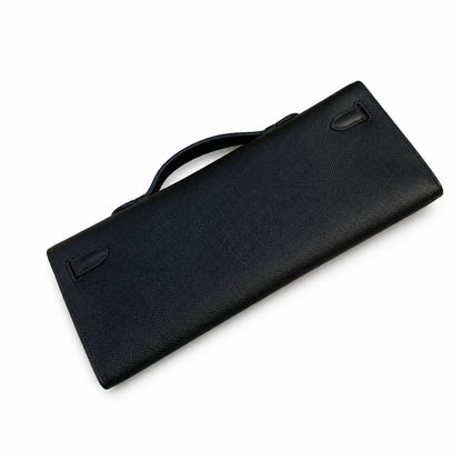 Kelly cut clutch evening bag epsom leather wax thread hand-stitched black gold buckle