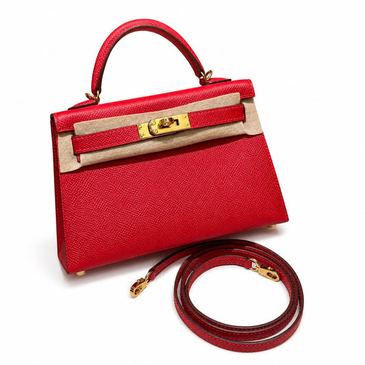 Style: mini kelly Color: Q5/Rouge casaque Size: 19*12*5.5cm Leather: epsom From France Hardware: gold Mini Kelly second generation, national flag red, French imported cowhide, gold buckle, high-end ha