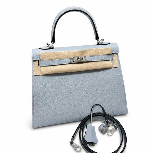 kelly25cm, J7/Blue lin, Epsom, sliver, all handmade‼ ️Kelly 25cm, linen blue, palm print, silver buckle, high-end handmade exclusive customization‼ ️Purely hand-made nails, hand-engraved hardware, fin