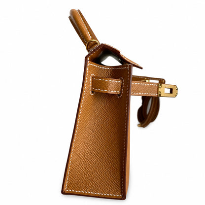 Second generation Mini Kelly 19cm Epsom leather, golden brown, gold buckle