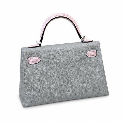 mini kelly 2, 8u/Blue glacier/09/Mauve pale, Epsom, slipr, 19cm, all handmade‼ ️Mini Kelly II, glacier blue and fantasy purple, palm print, silver buckle, 19cm, high-end handmade exclusive customizati