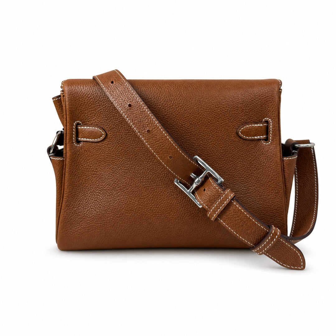 🆕 In stock Kelly Messenger messenger bag for men and women, Fubao leather gold brown silver buckle, imported leather, all-steel hand-waxed thread, the highest cost performance on the entire network. T