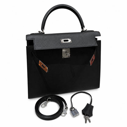 kelly32cm, ck89/Black, Epsom, sliver, all handmade‼ ️Kelly 32cm, black, palm print, silver buckle, high-end handmade exclusive customization‼ ️Purely hand-made nails, hand-engraved hardware, fine stee