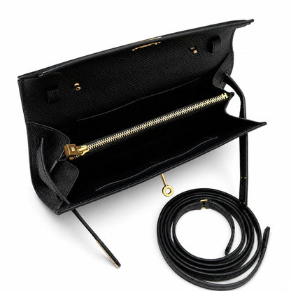 Style: Kelly to go Color: ck89/noir Size: 19*11.5*1.5cm Leather: epsom From France Hardware: gold shoulder crossbody bag, clutch bag, black, cowhide, gold buckle, high-end handmade exclusive customiza