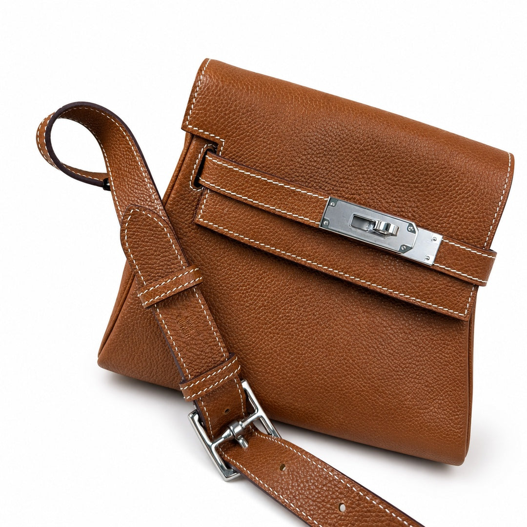 🆕 In stock Kelly Messenger messenger bag for men and women, Fubao leather gold brown silver buckle, imported leather, all-steel hand-waxed thread, the highest cost performance on the entire network. T