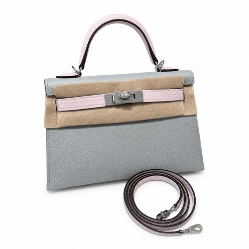 mini kelly 2, 8u/Blue glacier/09/Mauve pale, Epsom, slipr, 19cm, all handmade‼ ️Mini Kelly II, glacier blue and fantasy purple, palm print, silver buckle, 19cm, high-end handmade exclusive customizati