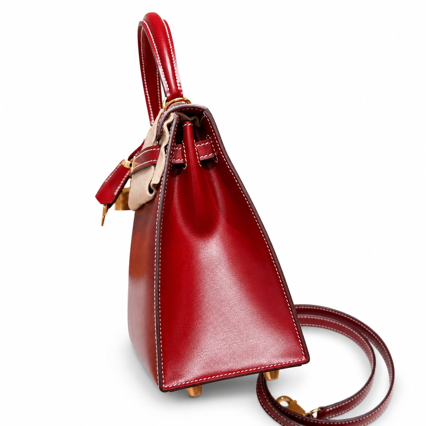 Style: Kelly Color: 5x/Rouge piment Size: 25*17*7cm Leather: Box From France Hardware: gold Kelly 25, chili red-white thread, bright cowhide imported from France, gold buckle, high-end handmade exclus