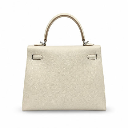 kelly25cm, i2/Nata, Epsom, sliver, all handmade‼ ️Kelly 25cm, cream white, palm print, silver buckle, high-end handmade exclusive customization‼ ️Purely hand-made nails, hand-engraved hardware, fine s