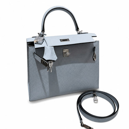 kelly25cm, J7/Blue lin, Epsom, sliver, all handmade‼ ️Kelly 25cm, linen blue, palm print, silver buckle, high-end handmade exclusive customization‼ ️Purely hand-made nails, hand-engraved hardware, fin
