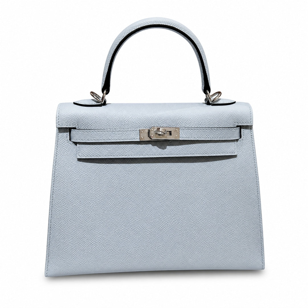 kelly25cm, J7/Blue lin, Epsom, sliver, all handmade‼ ️Kelly 25cm, linen blue, palm print, silver buckle, high-end handmade exclusive customization‼ ️Purely hand-made nails, hand-engraved hardware, fin