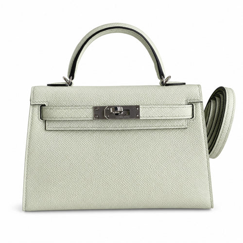 Ready stock: Fully hand-stitched 👉Second generation Mini Kelly 19cm imported Epsom leather bubble green silver buckle