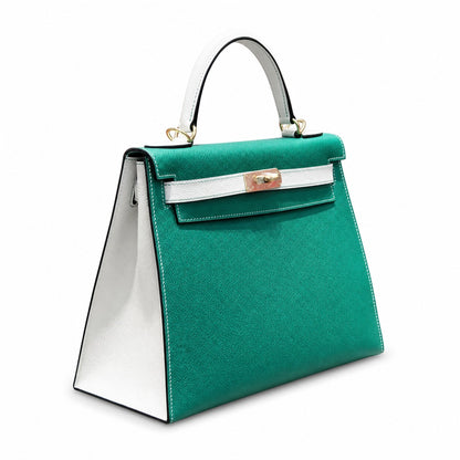 Kelly 28cm Epsom leather U4 Vert Vertigo velvet green with 10 Craie milkshake white top handcraft! Counter quality!
