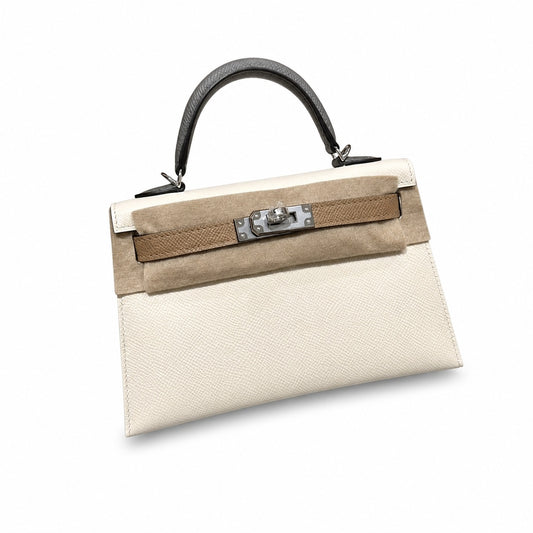 mini kelly 2, i2/Nata-0M/Chai-0L/Gris Meyer, Epsom, sliver, 19cm, all handmade‼ ️Mini Kelly II, cream white with striped milk tea color and cumulonimbus gray armband, palm print, silver buckle, 19cm,