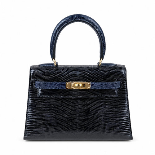 Kelly big ears, black with sapphire blue, original lizard leather, 20cm, completely handmade inside and outside, original hardware, shoulder strap❤️