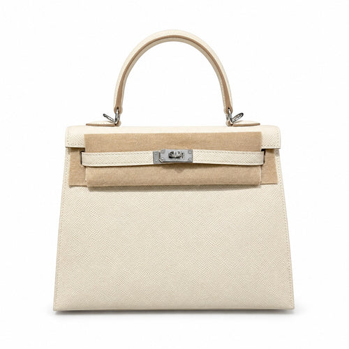 kelly25cm, i2/Nata, Epsom, sliver, all handmade‼ ️Kelly 25cm, cream white, palm print, silver buckle, high-end handmade exclusive customization‼ ️Purely hand-made nails, hand-engraved hardware, fine s
