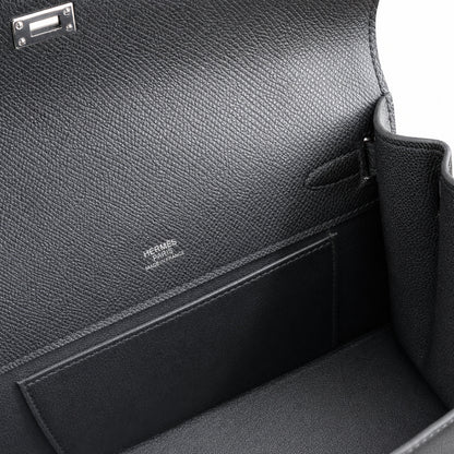 First generation handbag evening bag Kelly 22cm Epsom leather black silver buckle wax thread